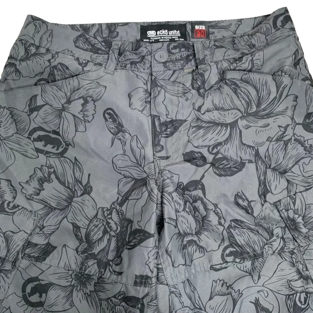 Ecko Unltd Cargo Board Shorts 30 Grey Floral Pockets Drawstring Button Zipper